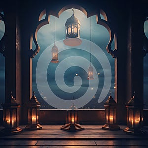 StojÃâ¦ce na balkonie palÃâ¦ce siÃâ¢ lampiony, nocne, zachmurzone niebo. Lantern as a symbol of Ramadan for Muslims photo